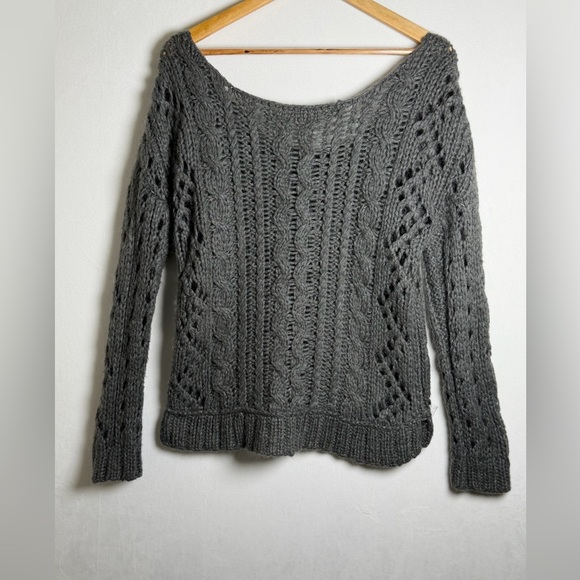 Free People Women’s Chunky Open Cable Knit Mohair Wool Blend Sweater Gray Sz M - Picture 7 of 8